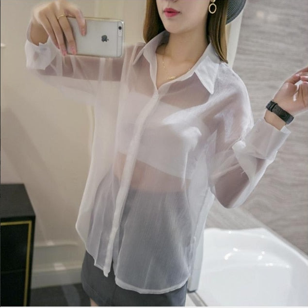 Gbolsos Spring Chiffon Transparent Shirt Women's Long Sleeve See-through Blusas Ropa De Mujer Summer Sun-proof Zipper Coats Jacket