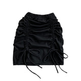 Gbolsos Draw String Cotton Mini Skirt Girls Summer Elastic Waist Grey Black Split Folds Skirts Women Sexy Bottoms
