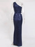 Gbolsos One Shoulder Silver Navy Stretchy Party Dress Sequin Hollow Out Split Leg Floor Length Bydocon Long Dresses