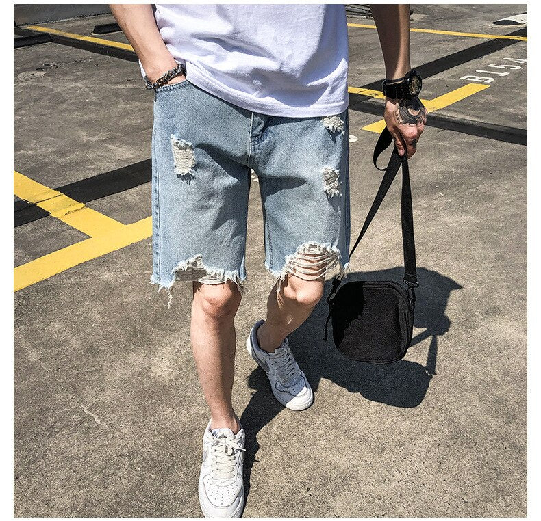 Gbolsos Beggar Pants Men's Jeans Summer Perforated Denim Shorts Korean Fashion Loose Knee Length Thin Vintage Jeans Men Streetwear