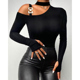 Gbolsos Spring Summer Women Clothing Daily Wear Black T-shirts Elegant Cold Shoulder Long Sleeve Skinny Casual Top