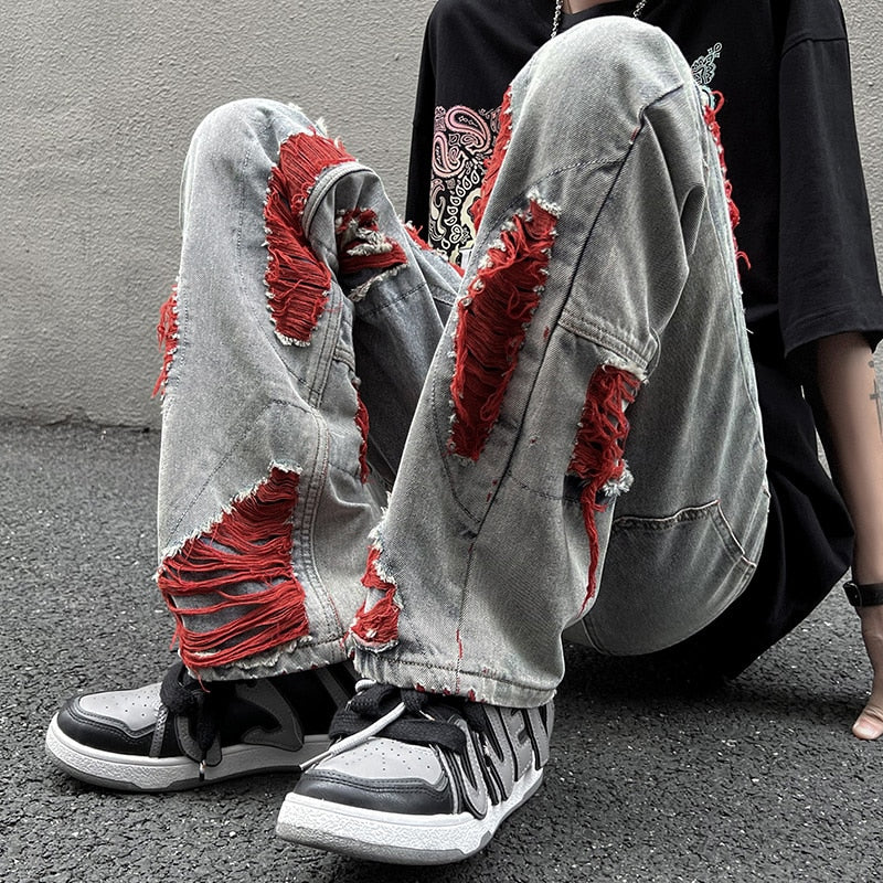 Gbolsos High Streetwear Mens Jeans Pants Ripped Loose Fashion Denim Hip Hop Harajuku Trousers