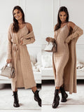 Gbolsos Winter Women Knitted 2 Pieces Set Casual Long Coat Dress Solid Long Sleeve Sweater Coat +Knitted Dress 2PCS Suits Women Warm Set