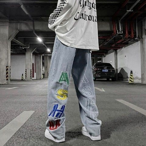 Gbolsos Summer American retro three-dimensional letter printed jeans for men's ins trendy high street explosive street straight pants