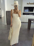 Gbolsos Sexy Square Neck Sleeveless Long Maxi Dress for Women Summer Vacation Rib Knit Bodycon Dresses White Elegant Party Outfits