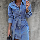 Gbolsos Women Sexy Button V Neck Washing Denim Dress Casual Summer Short Sleeve Long Dress Spring Vintage Fashion Jean Party Dress