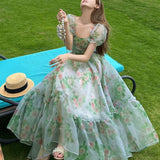 Gbolsos Vintage Floral Evening Midi Maxi Dresses for Women Elegant Casual Party Prom Green Holiday Princess Fairy Long Dress Summer