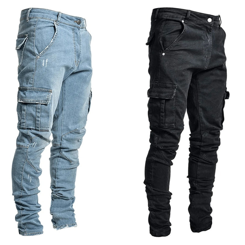 Gbolsos Jeans Men Pants Casual Cotton Denim Trousers Multi Pocket Cargo Jeans Men New Fashion Denim Pencil Pants Side Pockets Cargo