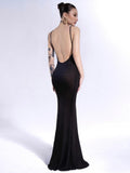 Sexy Ribbed Knitted Backless Strap Maxi Dresses Women    Summer Black See Through Fishtail Dress Elegant Party Club Outfits