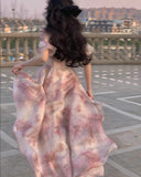 Gbolsos Floral Summer Dress New Fashion Fairycore Puff Sleeve Ball Gown Birthday Dress for Women Short Sleeves Midi Dress
