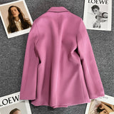 Gbolsos Women Casual Blazer Double Breasted Suit Jacket Korean Version Pure Color Loose Fashion Suit Jacket Simple Office Ladies Tops