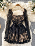 Gbolsos Elegant Black Lace Dress Women Sexy Hollow Out Mini Party Dress Square Collar Full Sleeve Slim Waist A-line Clubwear Robe Femme