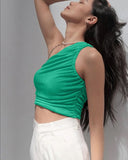 Gbolsos Sexy One Shoulder Crop Top Ruched Short Tank Top Women Summer Top Y2K Sleeveless Shirts Camisole White Black Green Orange