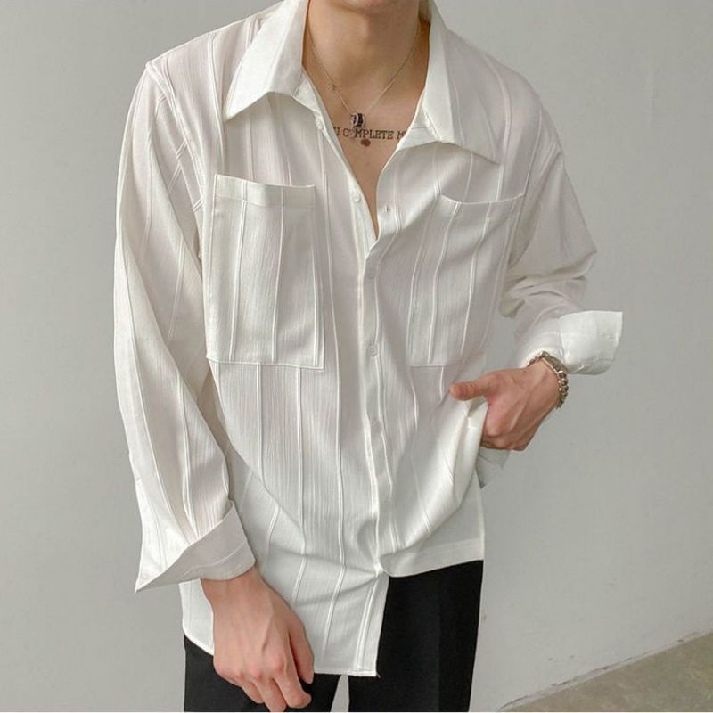 Gbolsos Fashion Lapel Button Spliced Pockets All-match Shirts Men's Clothing 2023 Spring New Loose Casual Tops Solid Color Korean Shirt