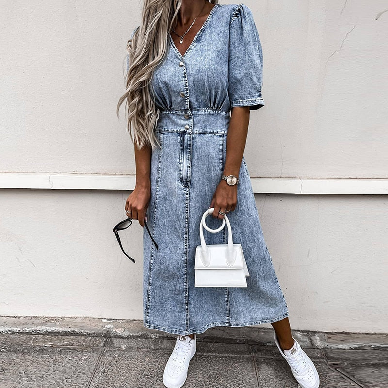 Gbolsos Women Sexy Button V Neck Washing Denim Dress Casual Summer Short Sleeve Long Dress Spring Vintage Fashion Jean Party Dress