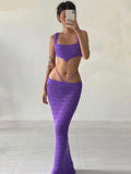 Gbolsos Purple Knitted 2 Piece Summer Set Women Sexy Crochet Vacation Beach Outfits Hollow Out Bandage Long Skirt And Cropped Set