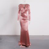 Deep V Neck Full Sleeved Pleated Long Evening Party Dress Stretch Satin Floor Length Event Gown Prom Robe