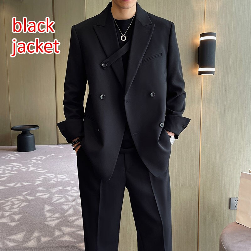 Gbolsos Men Fashion Casual Double Breasted Loose Casual Suits Blazer Wide Leg Pant Male Wedding Business Dress Suits Coat Trousers
