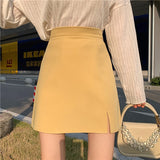 Gbolsos Summer Women Mini Solid A-line Skirts Above Knee Simple Skirt With Linning Female Short Split Bottoms For Girls