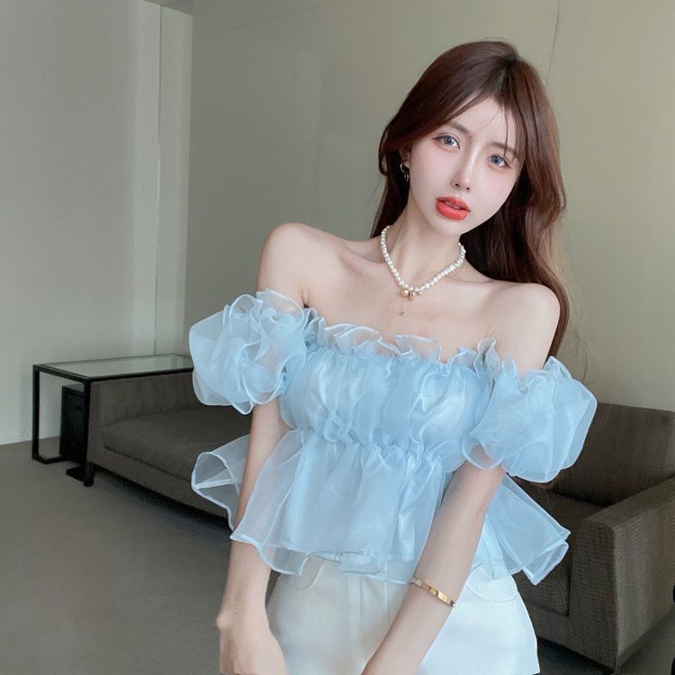 Gbolsos Fashion Woman Blouses Sexy Low Cut Blouse Ruffle Puff Sleeve Cute Tops Pretty Elegant Youth Clothing Korean New