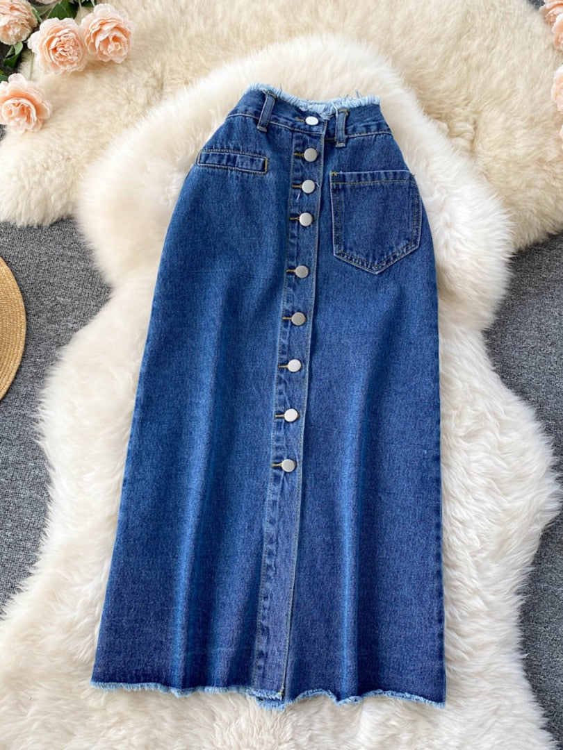 Gbolsos Long Denim Skirt for Women Gbolsos Korean Fashion Vintage Tassels High Waist Single Breasted A-line Jeans Skirt with Pockets