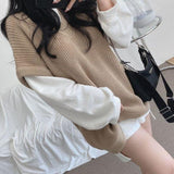 Gbolsos Sweater Vests Women Knitted Tank Sweaters V-neck Solid Sleeveless Casual Long Sleeves Vintage Spring/Autumn Female High Street