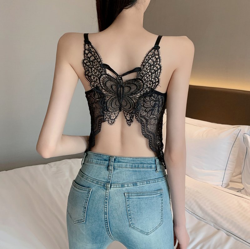 Gbolsos Hollow Out Lace Butterfly Back Camisole With Bra Women Sexy Padded Black White Tank Crop Tops Female Camis Summer