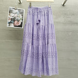 Boho Elegant White Long Skirt Women Hook Flower Hollow Folds Hem High-waisted Skirts Casual Holiday Female Clothes