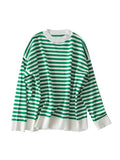 Gbolsos Casual Knitted Sweater Autumn Femme Vintage V Neck Striped Loose Elegant Pullover Chic Jumper Women's Long Sleeve Top