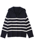 Gbolsos Casual Knitted Sweater Autumn Femme Vintage V Neck Striped Loose Elegant Pullover Chic Jumper Women's Long Sleeve Top