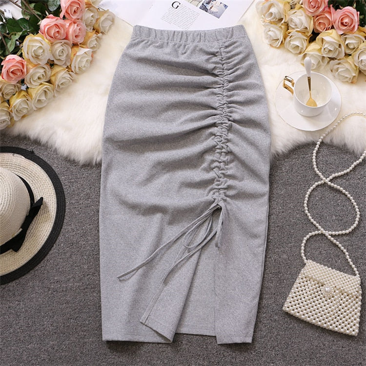 Gbolsos Women Solid Drawstring Sheath Skirts Elastic High Waist Female Fashion Bodycon Irregular Midi Pencil Skirts