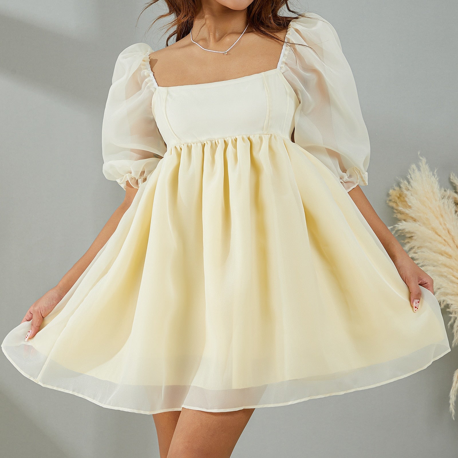 Gbolsos Women's Elegant Puff Sleeve Off Shoulder Tulle Princess Dress Mesh Ruffle Mini Short Dress for Wedding Cocktail Party Prom