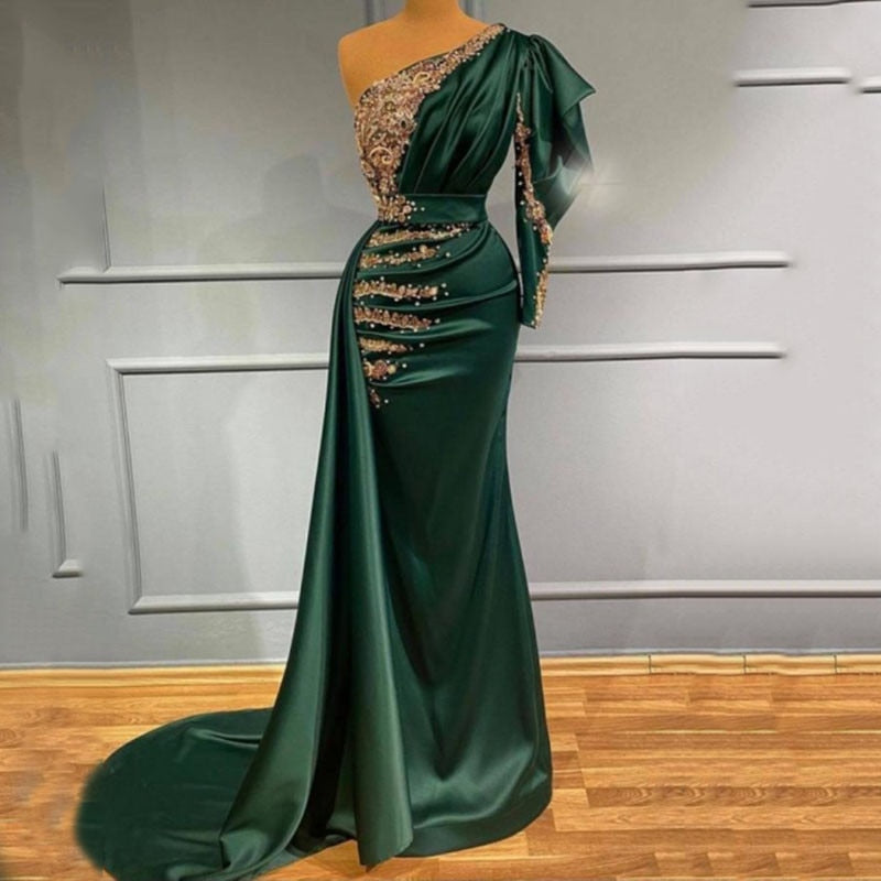 Gbolsos Chic Mermaid PromDress One Shoulder Beaded Lace Long Sleeves Green Satin Arabic Muslim Formal Party Dresses