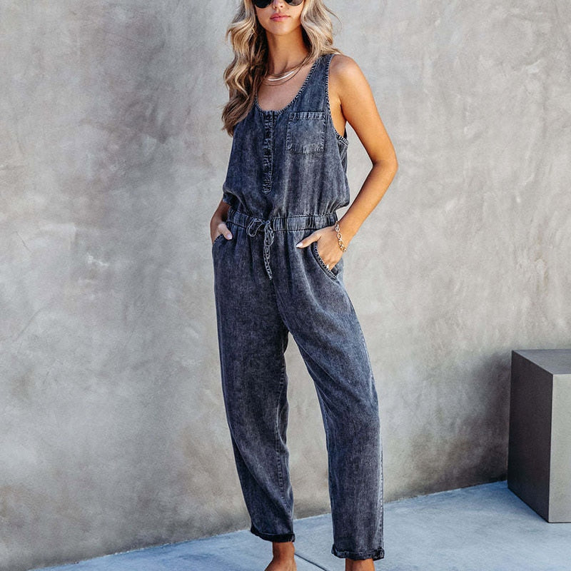 Gbolsos Fashion Office Long Pant Overalls Summer Sleeveless Button Pocket Denim Jumpsuit Female Casual Drawstring Waist One-Piece Romper