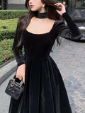 Gbolsos Velvet Elegant Evening Party Midi Dresses Ladies Black France Vintage Dress Women New Winter Korean One-piece Dress Autumn