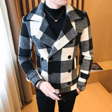 Gbolsos Autumn Winter New Double-Breasted Windbreaker Slim Short Men Woolen Coat Fashion Retro Plaid Thick Casual Windbreaker Coat