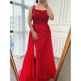 Gbolsos Luxury Prom Dress High Side Slit Square Collar Sequined Tulle Sleeveless Mermaid Red Elegant Evening Gowns