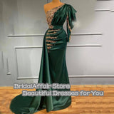 Gbolsos Chic Mermaid PromDress One Shoulder Beaded Lace Long Sleeves Green Satin Arabic Muslim Formal Party Dresses