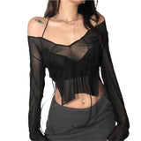 90s 00s Sheer Mesh T Shirt Sexy Women Long Sleeve Tops Off Shoulder Lace Up Bandage Clothes Summer Tee Ladies Party Clubwear