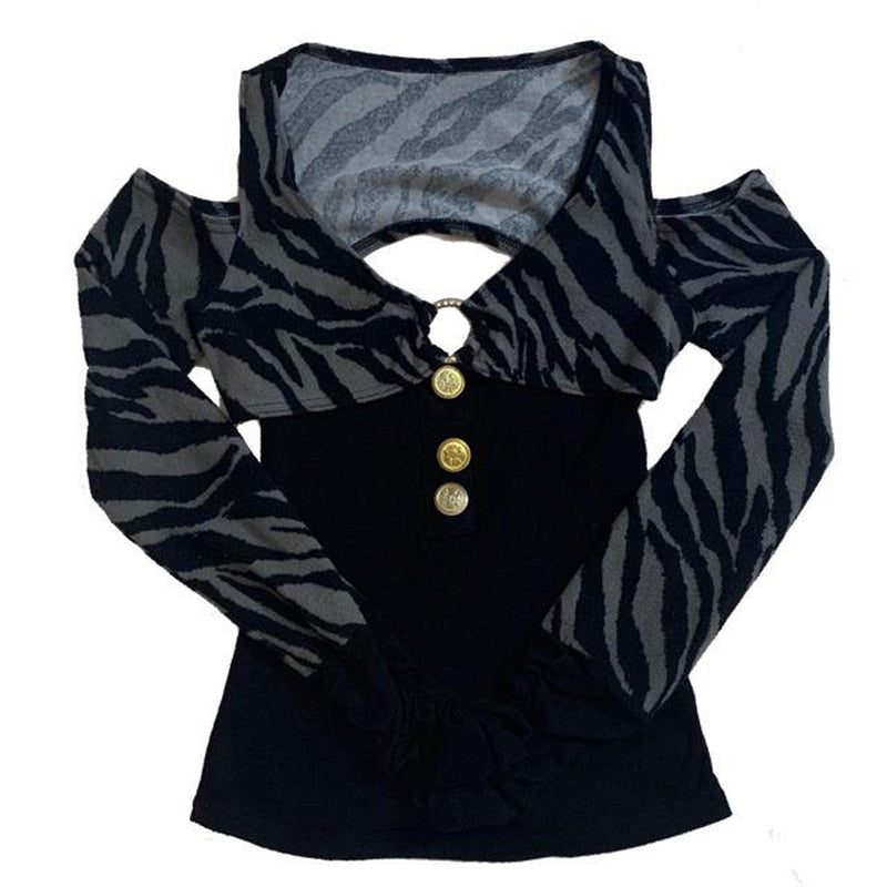 Gbolsos Vintage Grunge T-shirt Button Backless Long Sleeve Slim Fits Pullovers Tee Women Y2K Aesthetic Crop Top Streetwear