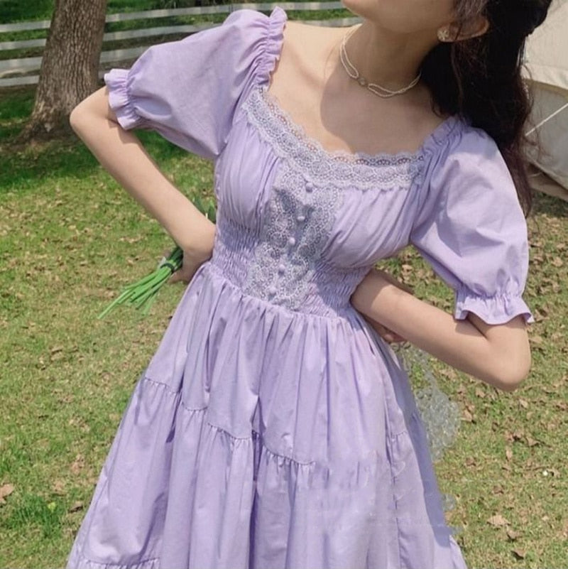 Gbolsos Fashion Women Purple Elegantes Long Dress Cottage Core Vintage Women's Wear Aesthetic Summer Fairy Dress