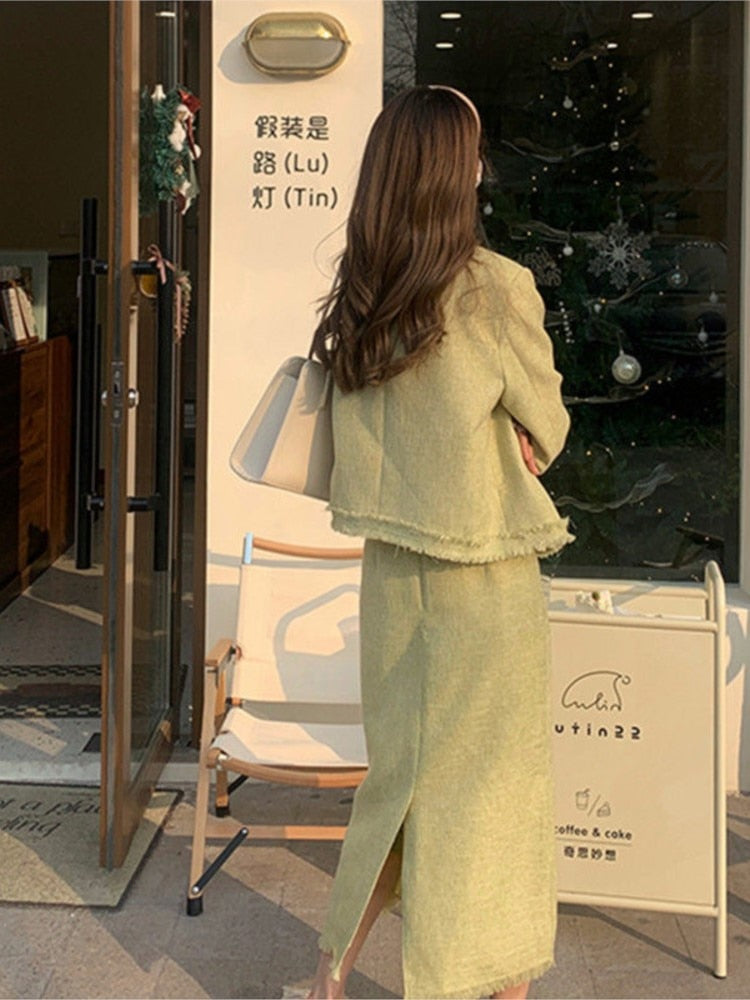 Gbolsos Spring Green Tweed Two Piece Set Women Skirt Korean Fashion Long Sleeve Jacket + Midi Skirt Suits Vintage Femme 2 Pieces Outfits