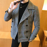 Gbolsos Autumn Winter New Double-Breasted Windbreaker Slim Short Men Woolen Coat Fashion Retro Plaid Thick Casual Windbreaker Coat