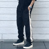 Gbolsos Y2K Side Button Striped Drawstring Casual Cargo Pants for Men Straight Black Color Joggers Sweatpants Oversize Baggy Overalls