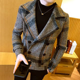 Gbolsos Autumn Winter New Double-Breasted Windbreaker Slim Short Men Woolen Coat Fashion Retro Plaid Thick Casual Windbreaker Coat