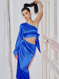 Elegant Cut Out One Shoulder Long Sleeve Blue Satin Midi Dresses for Women Sexy Tie Up Evening Party Gown Dress Ladies vestidos