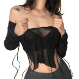 90s 00s Sheer Mesh T Shirt Sexy Women Long Sleeve Tops Off Shoulder Lace Up Bandage Clothes Summer Tee Ladies Party Clubwear