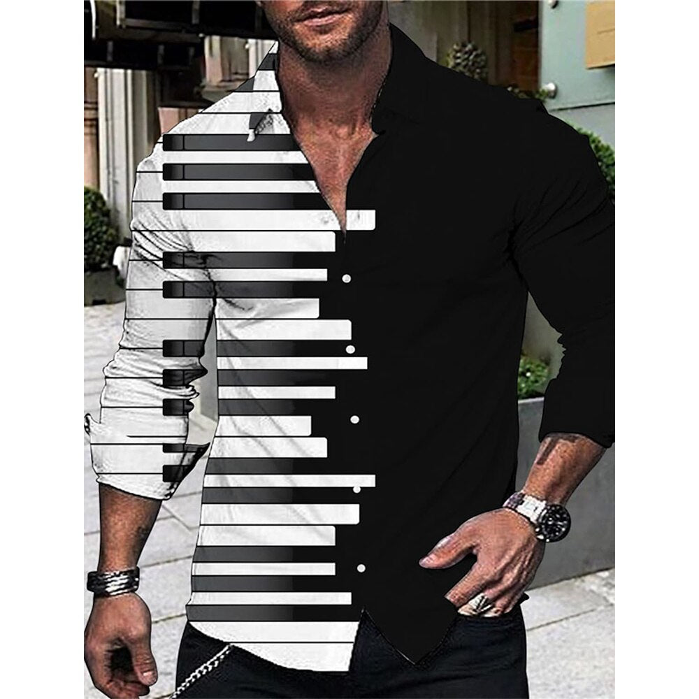 Gbolsos Luxury Men Shirts Single Breasted Shirt For Men Casual Piano Print Long Sleeve Tops Men's Clothing Hawaiian Cardigan Blouses New