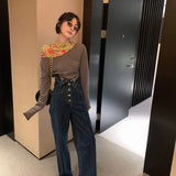 Gbolsos Elegant Korean Jeans Women Winter New High-Waist French Designer Wide-legged Pants Blue Casual Designer Long Pants Autumn