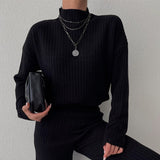 Fashion Half-high Collar Green Sweater Suit for Women   Autumn Winter Casual Long-sleeved Loose White Knitted 2 Piece Set